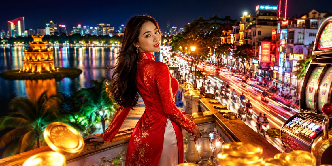 Người chơi slot game trên điện thoại Android tại Hà Nội với trang phục áo dài